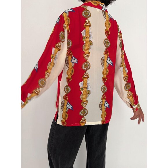 90s vintage red baroque nautical print collared sheer button up blouse shirt - Picture 5 of 10